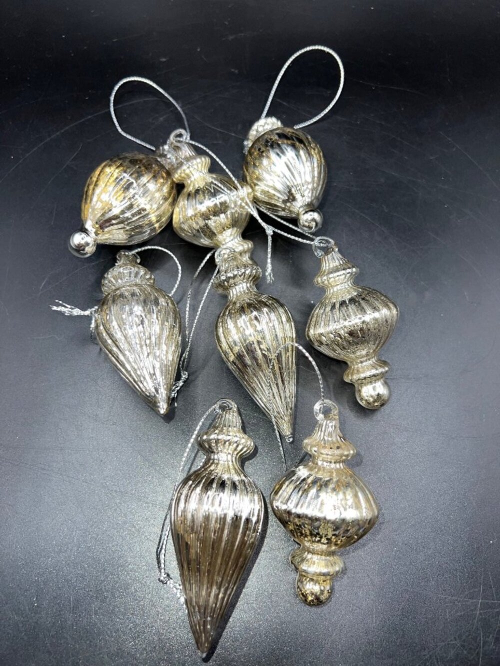 Set Of 8 Vintage Gold Mercury Glass Christmas Ornaments Ribbed Design Mid Centur